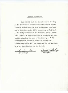 Notice of meeting of the Brotherhood of Ukrainian Catholics of Canada
