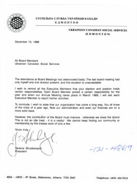 Letter to the board members of  Ukrainian Canadian Social Services