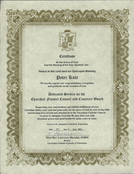 Certificate for Peter Kule for Dedicated Service on the Eparchial Finance and Cemetery Board