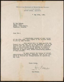 Letter of Secretary-Treasurer to Hudyma, May 29, 1936