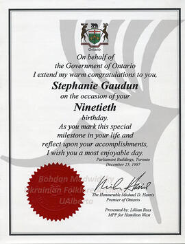 Stephanie Gaudun's 90's birthday congratulation