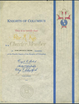 Knights of Columbus Charter Member certificate for Peter M. Kule