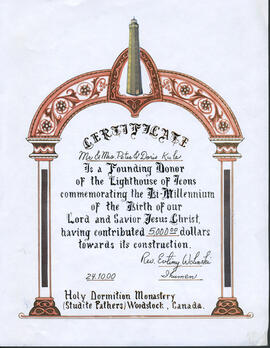 Certificate for Mr & Mrs Peter & Doris Kule as Founding Donors of the Lighthouse of Icons