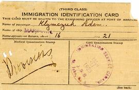 Adam Klymchuk's Immigration Identification Card