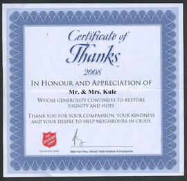 Certificate of Thanks to Mr. & Mrs. Kule from the Salvation Army