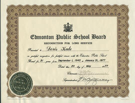 Edmonton Public School Board Recognition for Long Service presented to Doris Kule
