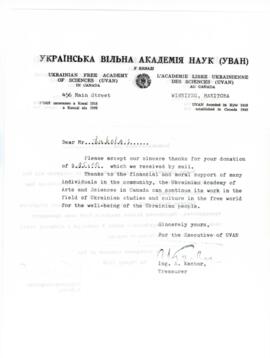 Thank you letter from Ukrainian Free Academy of Sciences to Ivan Lahola