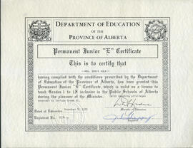 Permanent Junior "E" Certificate for Mrs. Doris Kule