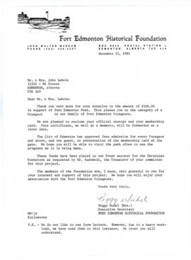 Letter from Fort Edmonton Historical Foundation to Ivan and Kate Lahola