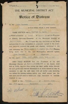 Notice of Distress, September 24, 1931